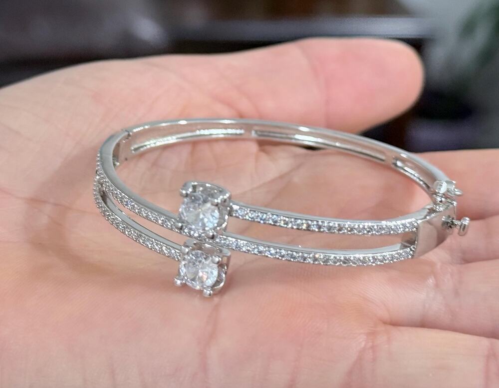 Silver Tone Layered CZ Bangle Bracelet Dainty Layered Sparkle Cuff
